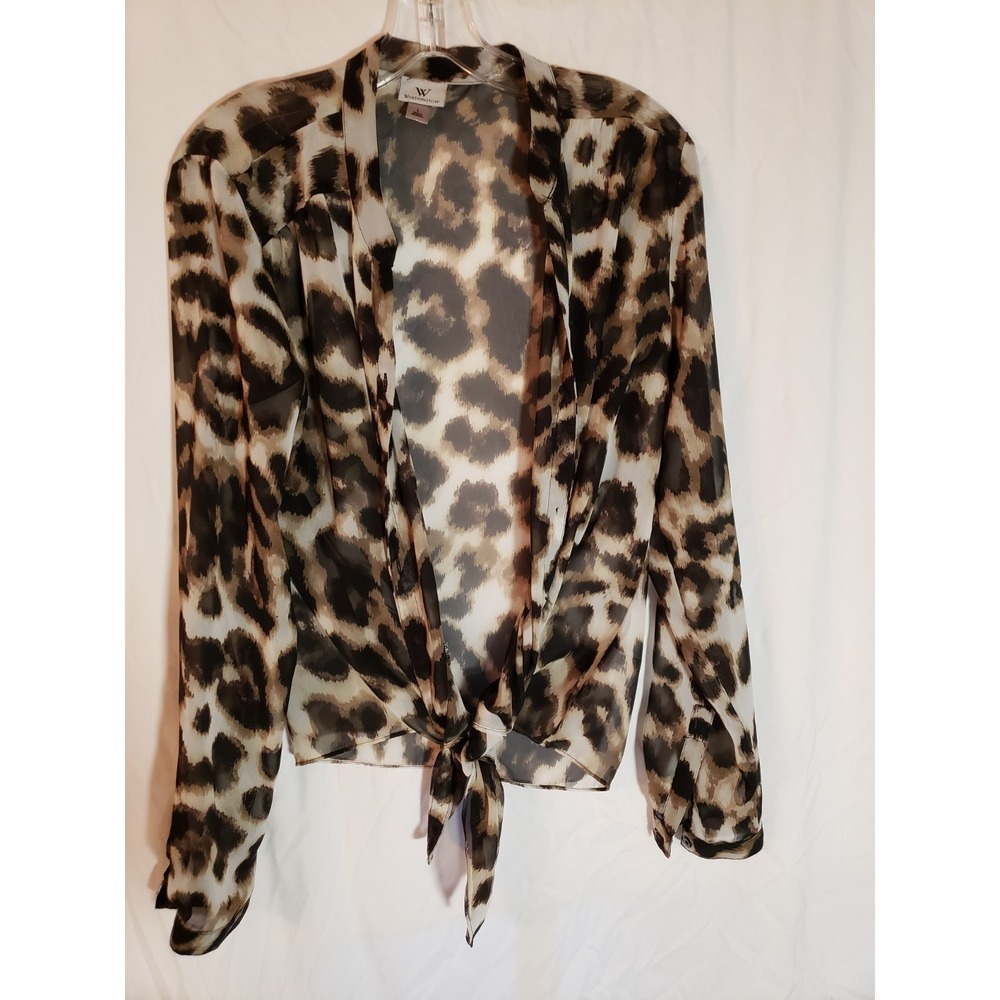 Women's Worthington Semi Sheer Animal Print Long Sleeve Cropped Blouse Size L